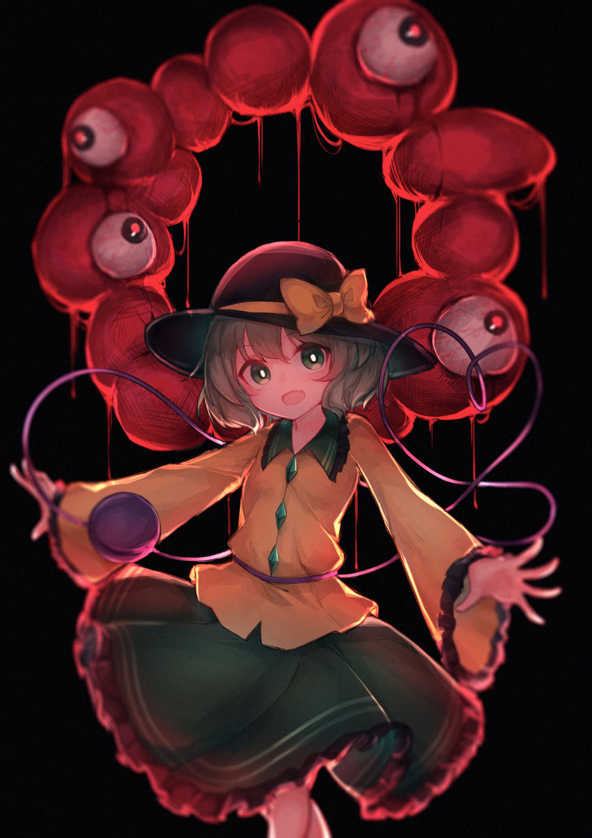 1girl, absurdres, arms_at_sides, bangs, black_background, black_headwear, blurry, blush