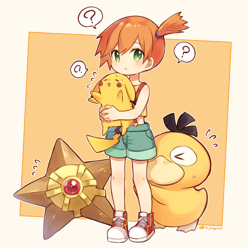 1girl, ?, artist_name, bangs, blush, commentary_request, eyebrows_visible_through_hair, eyelashes, fingernails, gen_1_pokemon, green_eyes, green_shorts, hair_tie, highres, holding, holding_pokemon, jiyuu_(xjuyux), knees, looking_at_viewer, misty_(pokemon), orange_hair, pikachu, pokemon, pokemon_(anime), pokemon_(classic_anime), pokemon_(creature), psyduck, shoes, short_hair, shorts, side_ponytail, sneakers, spoken_question_mark, standing, staryu, suspenders, tank_top, tied_hair, watermark, yellow_tank_top