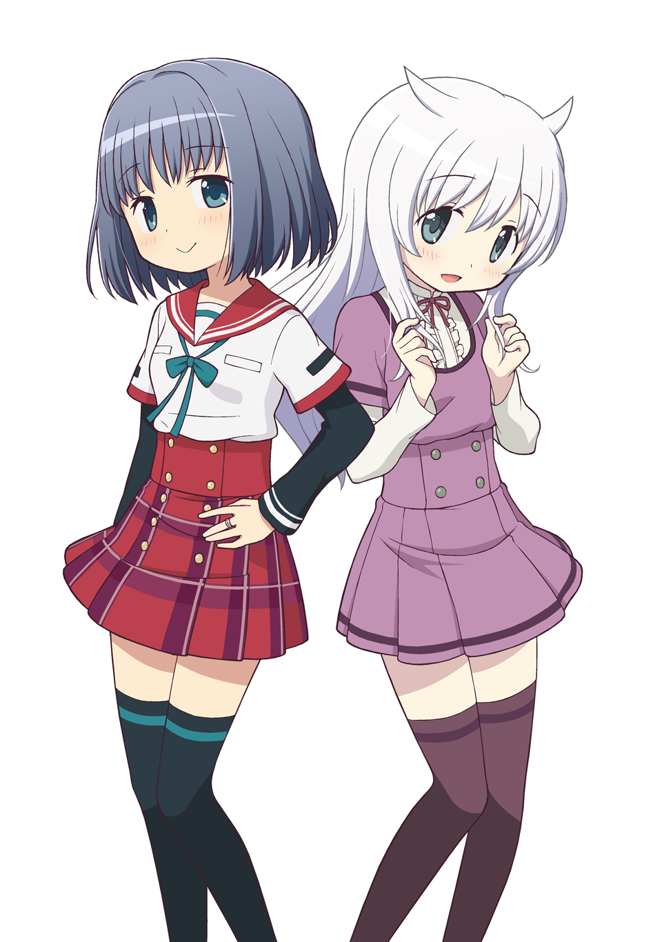 2girls, azusa_mifuyu, blue_eyes, blue_hair, blush, commentary, gecchu, green_eyes