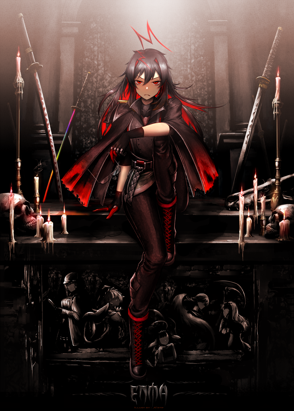 6+girls, ahoge, altar, arm_support, bags_under_eyes, belt, black_gloves, black_hair, boots, candle, candle_wax, candlestand, carving, character_doll, character_name, coat, colored_inner_hair, enma-chan, eyewear_removed, full_body, gawr_gura, glaring, gloves, hair_intakes, highres, holding, holding_eyewear, hololive, hololive_english, jcstr, katana, knee_boots, knee_up, long_hair, looking_at_viewer, mori_calliope, multicolored_hair, multiple_girls, ninomae_ina'nis, open_clothes, open_coat, planted_weapon, red_coat, red_eyes, redhead, skull, solo_focus, sword, takanashi_kiara, two-tone_hair, watson_amelia, weapon