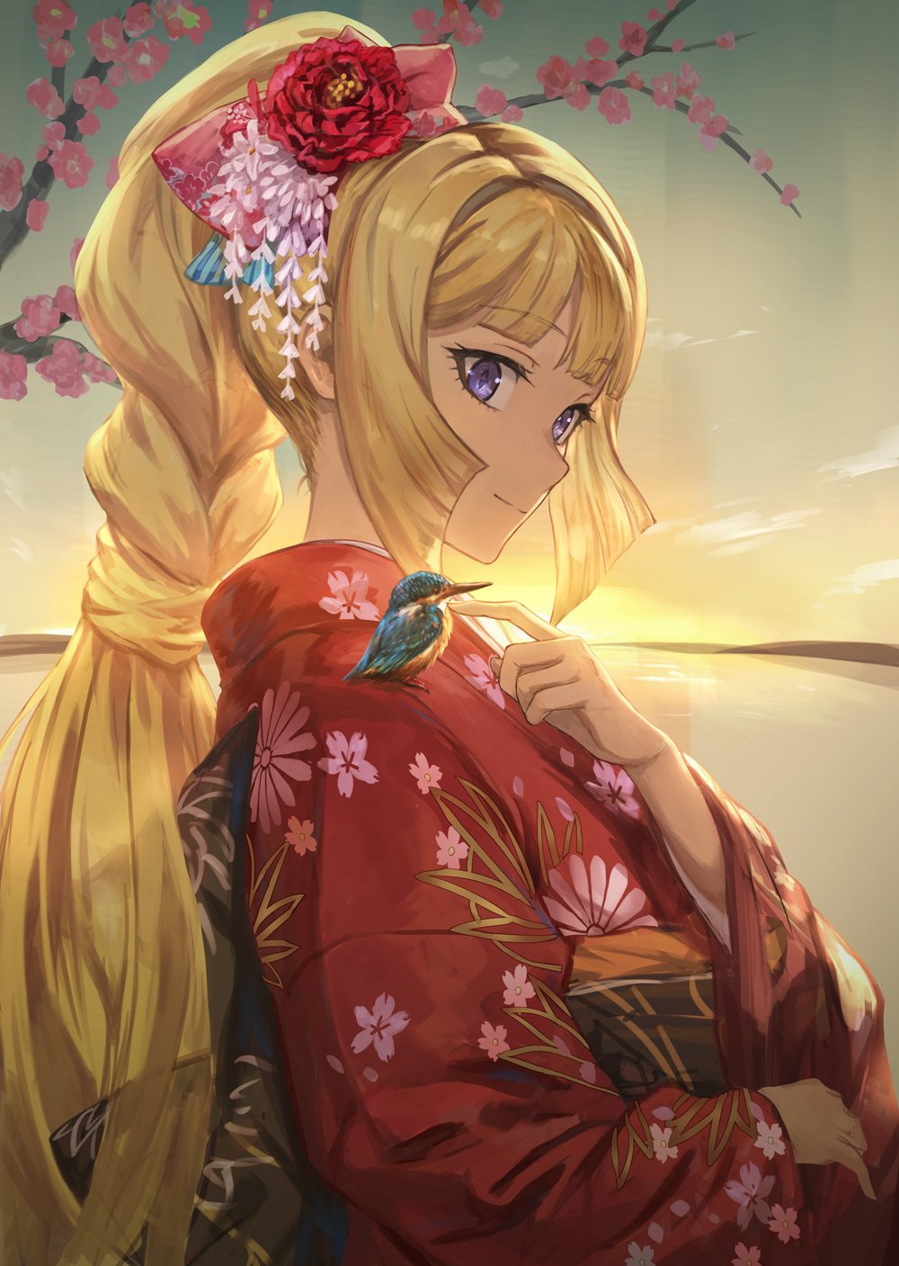 1girl, animal, animal_on_shoulder, bangs, bird, bird_on_shoulder, blonde_hair, blunt_bangs
