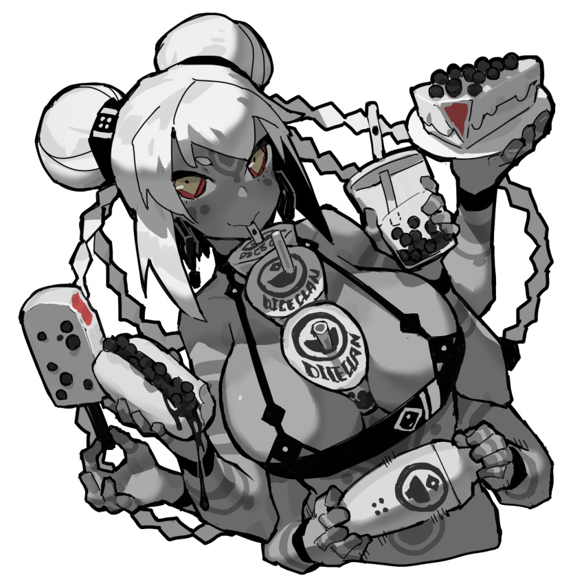 1girl, bangs, between_breasts, bracelet, breasts, bubble_tea_challenge, cake, cocktail_shaker