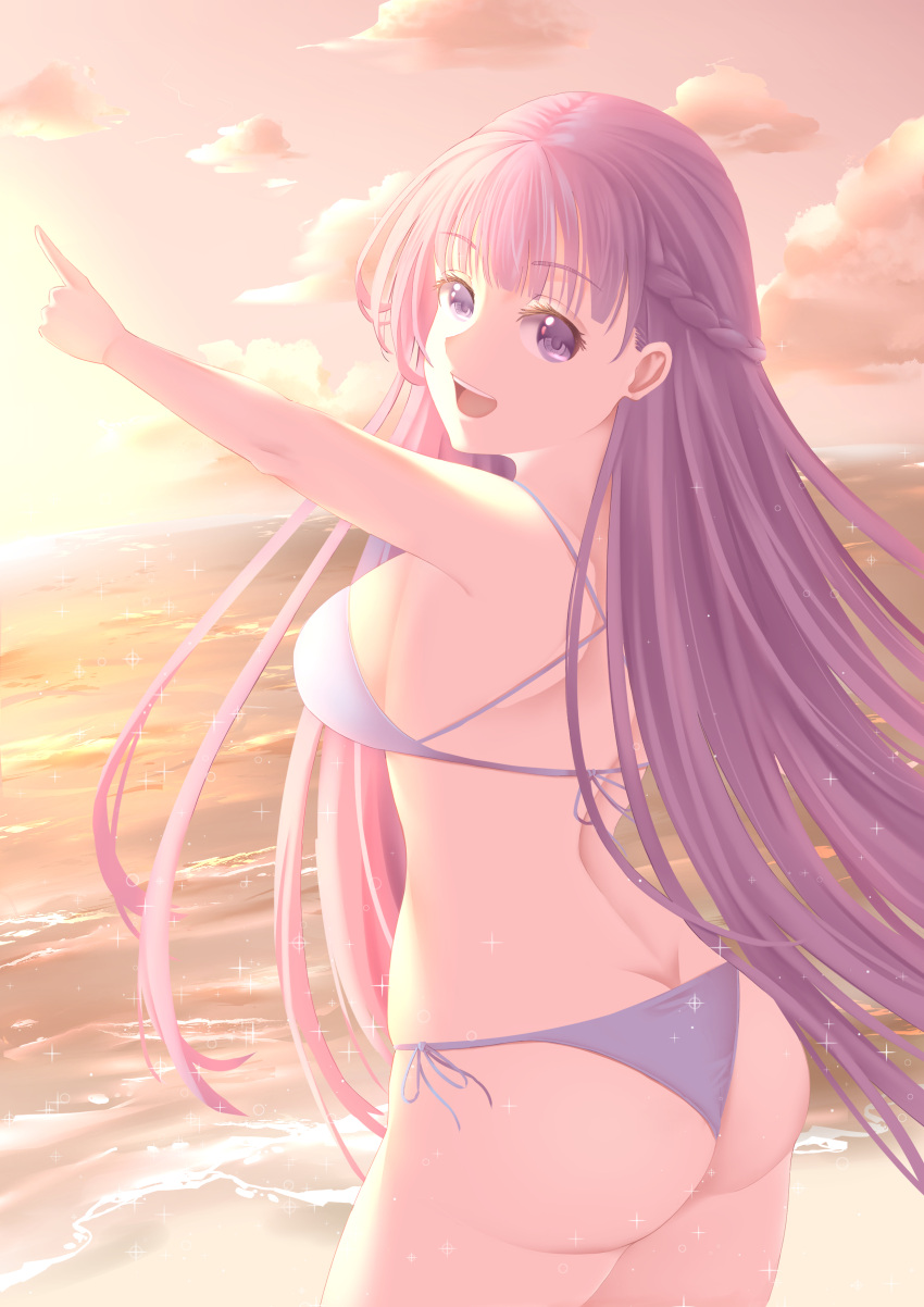 1girl, absurdres, ass, beach, bikini, breasts, commission, commissioner_upload