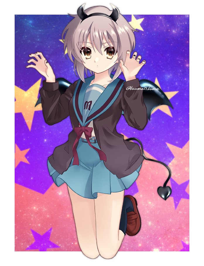 1girl, bangs, black_cardigan, black_hairband, black_legwear, black_nails, black_wings, blue_sailor_collar, blue_skirt, border, brown_eyes, brown_footwear, cardigan, claw_pose, demon_horns, demon_tail, demon_wings, expressionless, eyebrows_visible_through_hair, fake_horns, fake_tail, fake_wings, full_body, hair_between_eyes, hairband, halloween_costume, horns, kita_high_school_uniform, kuuma25_kuma, long_sleeves, looking_at_viewer, nagato_yuki, nail_polish, purple_hair, red_ribbon, ribbon, sailor_collar, school_uniform, serafuku, shirt, shirt_tucked_in, shoes, short_hair, skirt, sky, socks, solo, star_(sky), star_(symbol), starry_sky, suzumiya_haruhi_no_yuuutsu, tail, twitter_username, white_border, white_shirt, wings