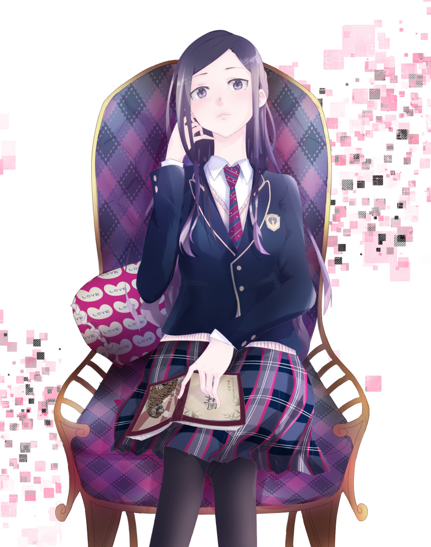 1girl, abstract_background, argyle_print, bangs, black_legwear, blazer, book, book_on_lap