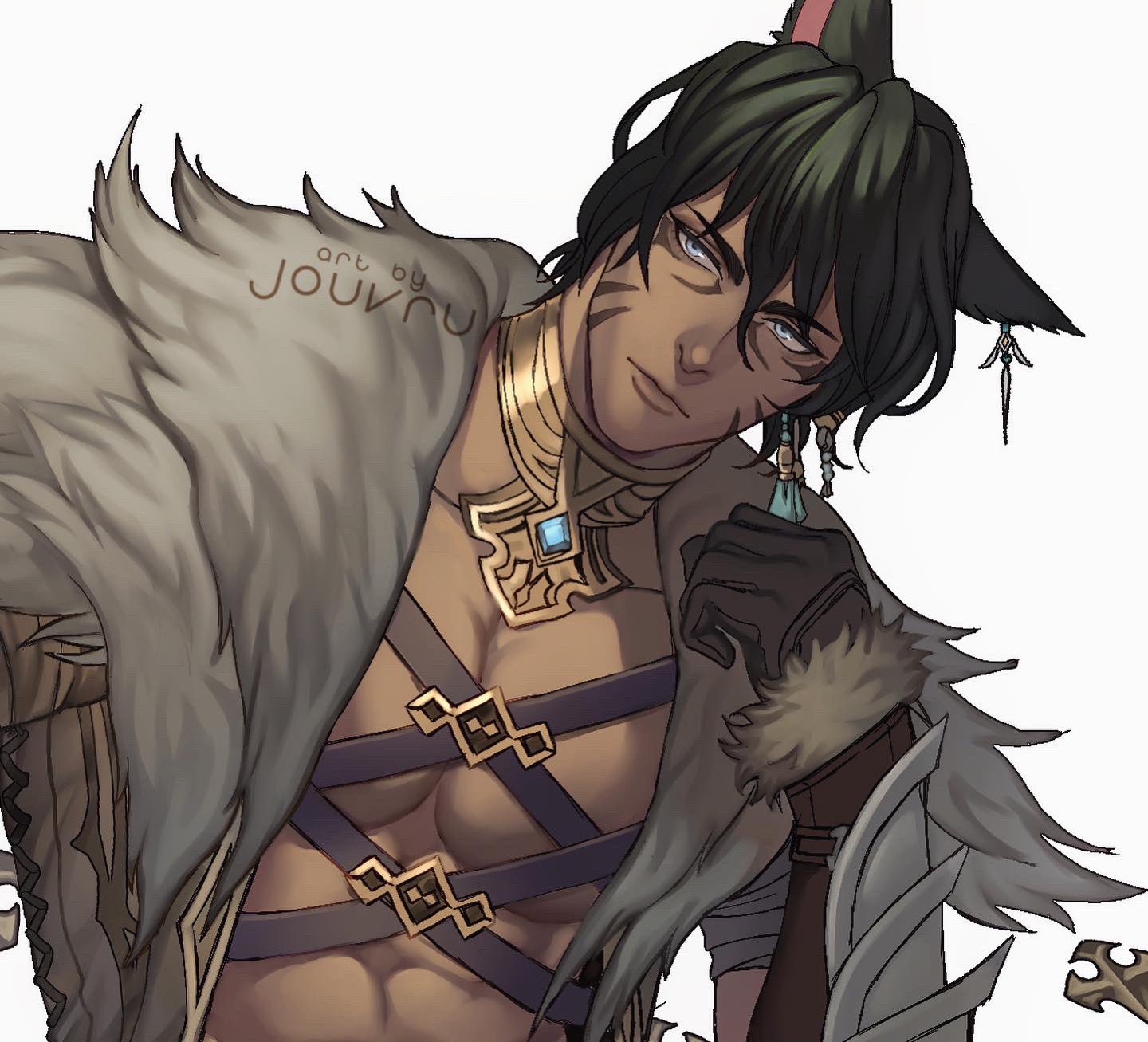 1boy, animal_ears, artist_name, bangs, bare_pecs, black_hair, blue_eyes, brown_gloves