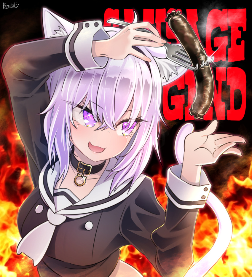 1girl, ahoge, animal_ears, black_collar, butcha-u, cat_ears, cat_tail, collar
