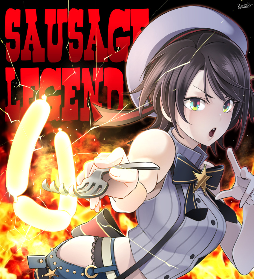 1girl, beret, black_hair, bow, butcha-u, copyright_name, electricity, fiery_background, fire, food, fork, hat, highres, hololive, midriff, oozora_subaru, sausage, sausage_legend, shirt, signature, sleeveless, sleeveless_shirt, star_(symbol), suspenders, virtual_youtuber
