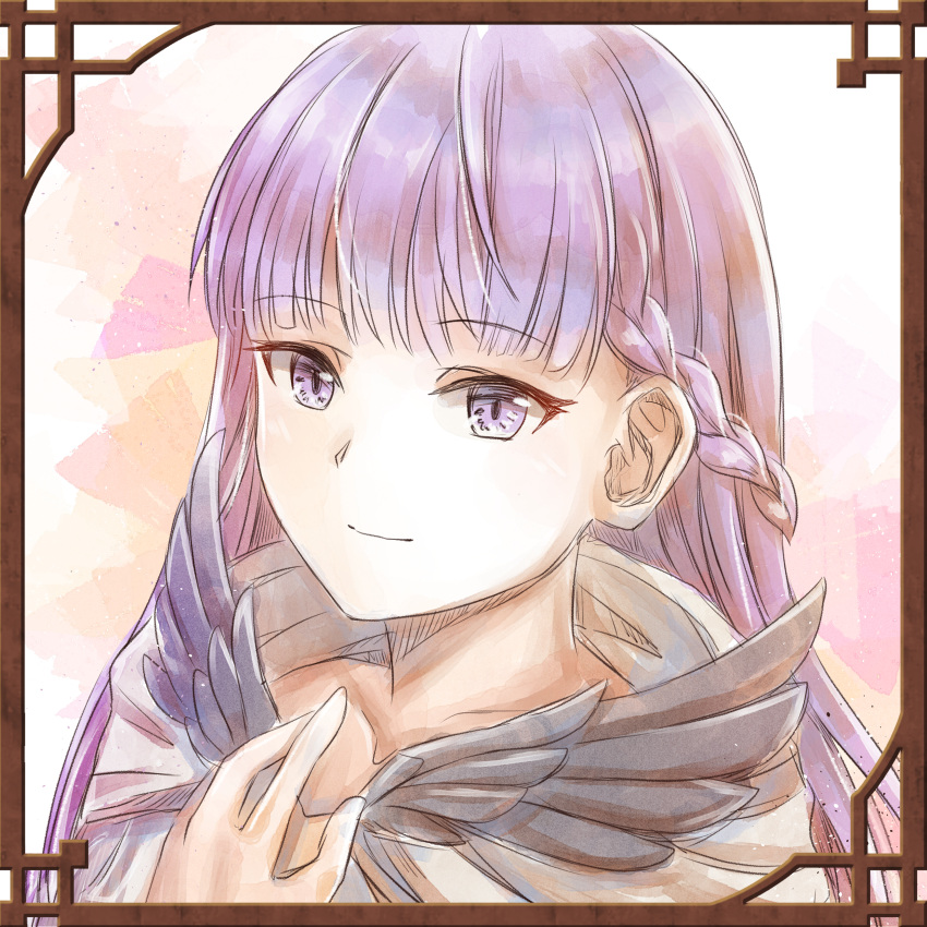 1girl, absurdres, black_feathers, border, braid, commission, commissioner_upload, feathers, fire_emblem, fire_emblem:_the_binding_blade, fire_emblem_heroes, framed, french_braid, highres, long_hair, portrait, purple_hair, smile, solo, sophia_(fire_emblem), vayreceane, violet_eyes