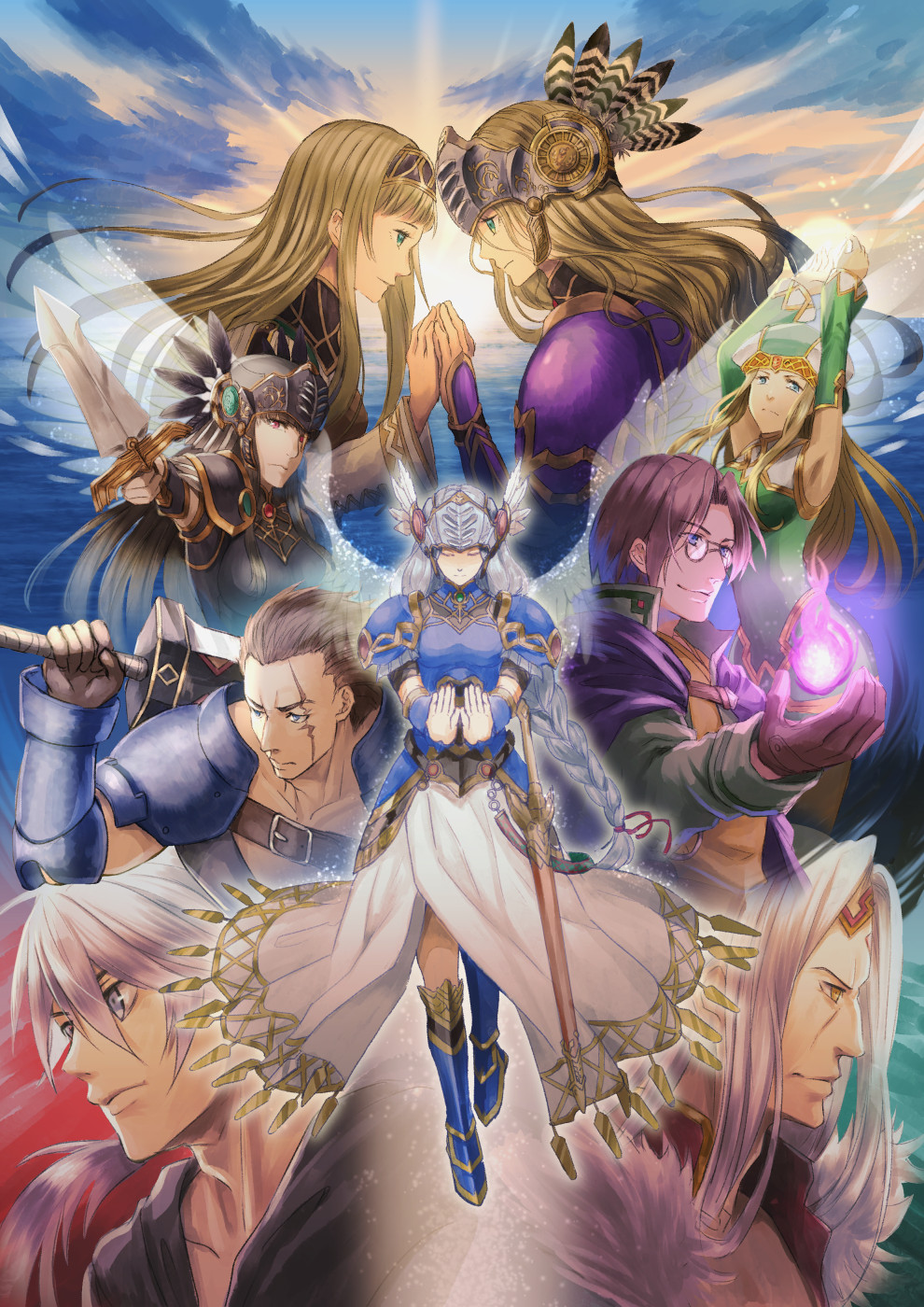 4boys, 5girls, alicia_(valkyrie_profile_2), armor, armored_dress, arngrim, black_hair, blonde_hair