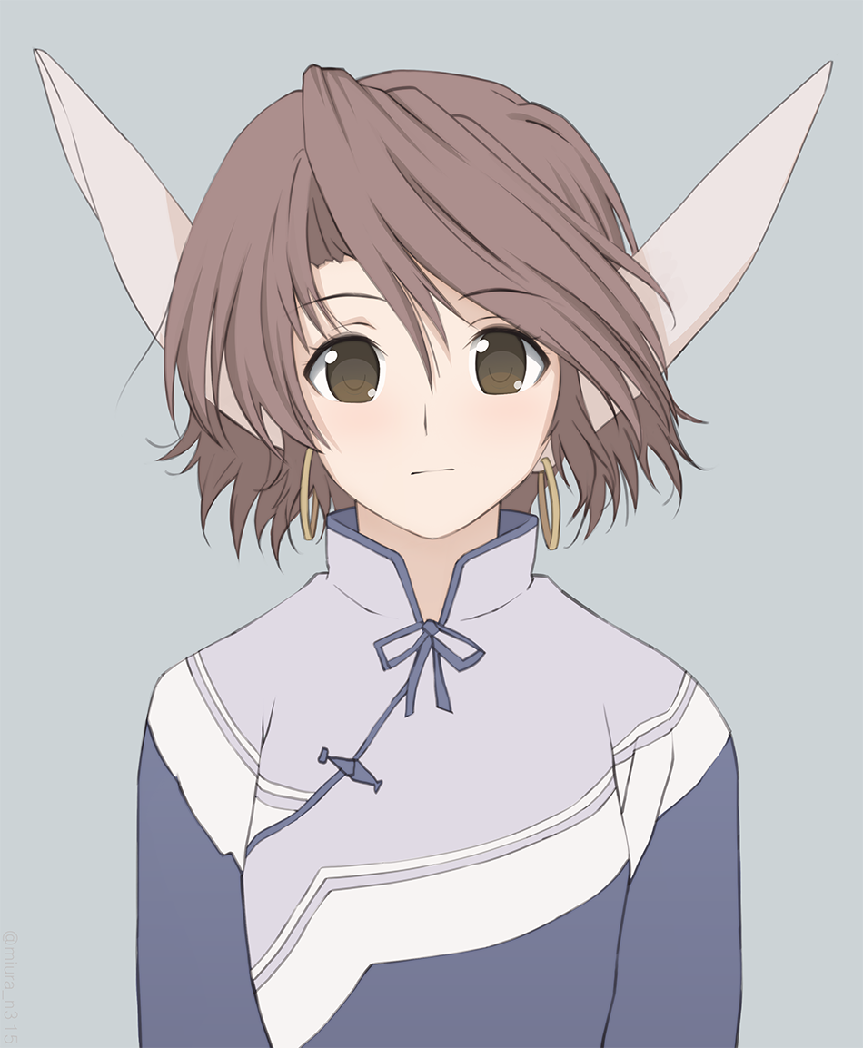 1girl, animal_ears, breasts, brown_eyes, brown_hair, closed_mouth, earrings, english_commentary