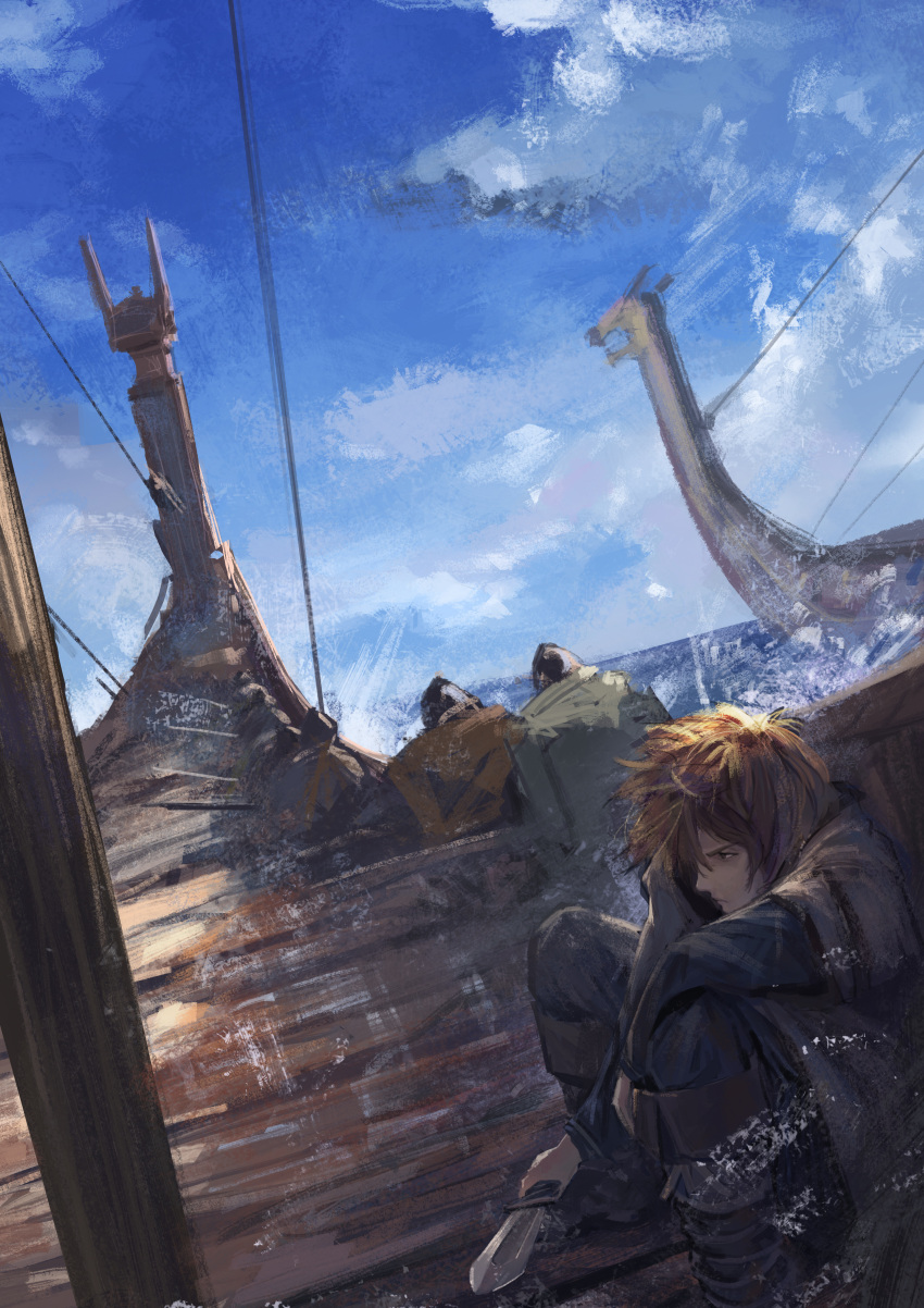 absurdres, blonde_hair, boat_interior, clouds, drakkar, helmet, highres, huge_filesize