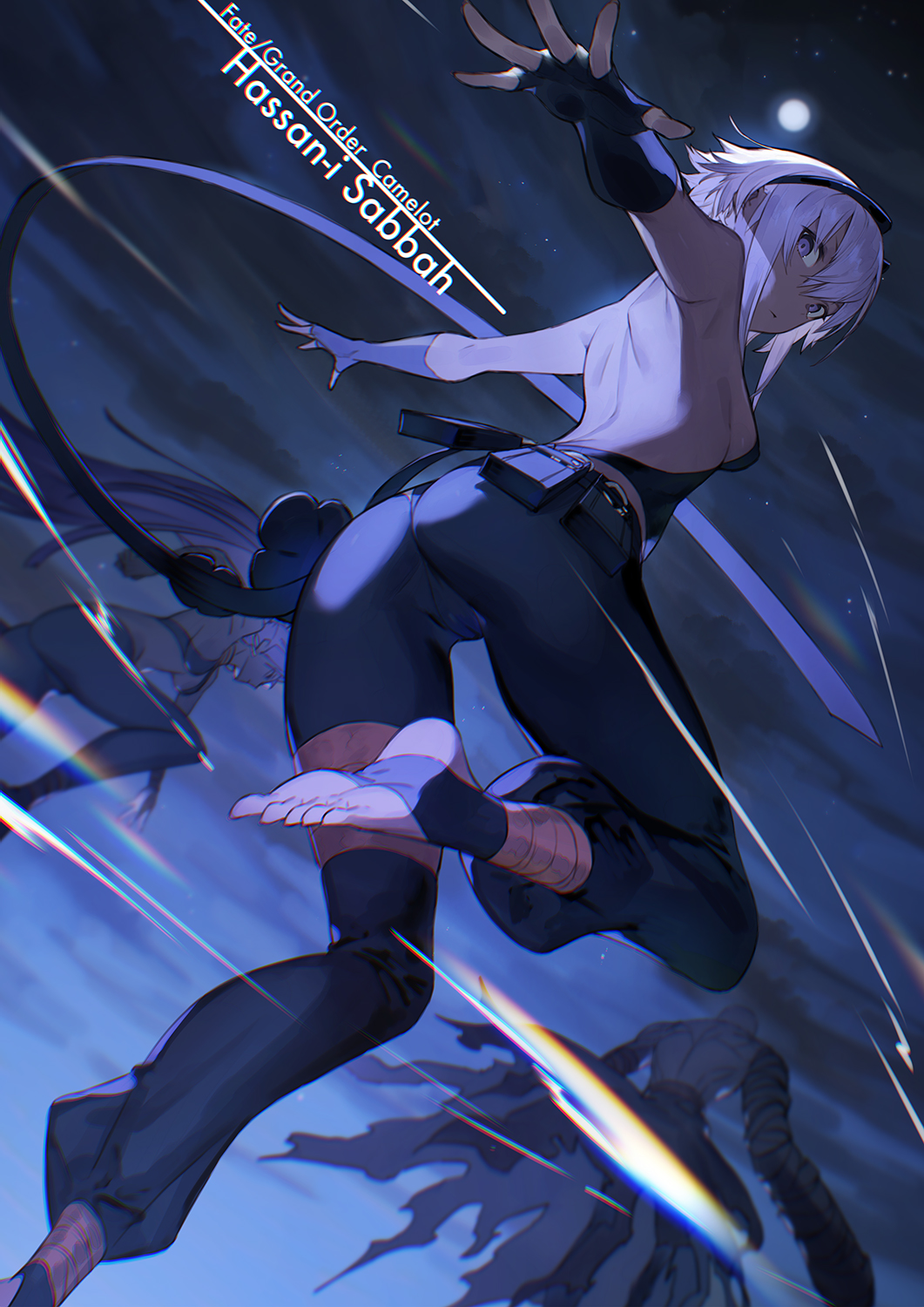 1boy, 2girls, ainezu, assassin_(fate/zero), bare_back, bare_shoulders, barefoot, between_fingers