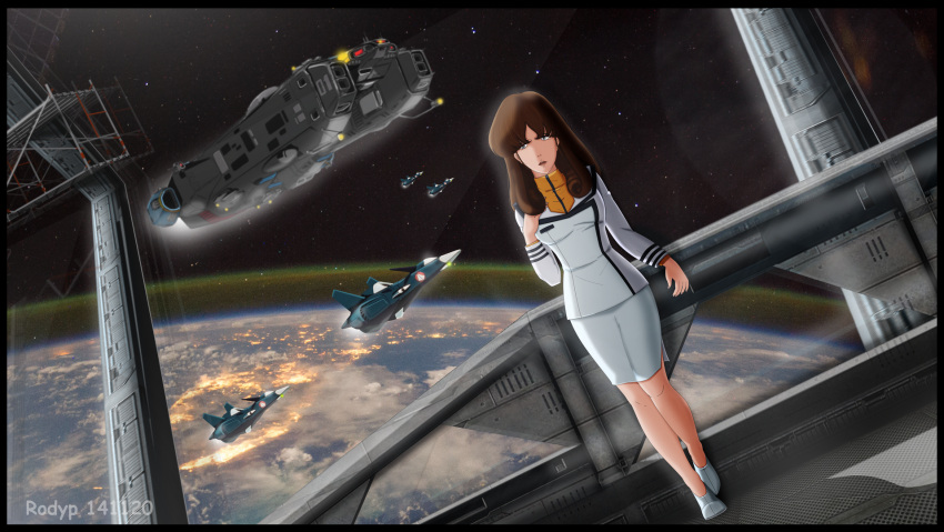 1980s_(style), 2020, armd, brown_hair, canards, cannon, choujikuu_yousai_macross, clouds