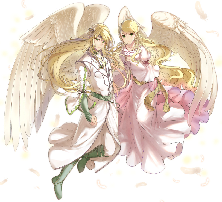 1boy, 1girl, bird_wings, blonde_hair, brother_and_sister, circlet, dress, feathers