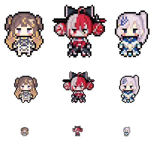 3girls, anya_melfissa, bangs, black_bow, blonde_hair, blue_eyes, bow, brown_hair, chibi, double_bun, grey_hair, heterochromia, hololive, hololive_indonesia, kureiji_ollie, long_hair, morinaga_kokoa, multicolored_hair, multiple_girls, pavolia_reine, pixel_art, red_eyes, sword, transparent_background, two-tone_hair, two_side_up, violet_eyes, virtual_youtuber, weapon, yellow_eyes, zoom_layer