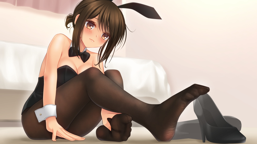 1girl, animal_ears, bed, black_legwear, black_leotard, black_neckwear, borrowed_character, bow, bowtie, brown_eyes, brown_hair, bunny_tail, commentary_request, detached_collar, douki-chan_(yomu_(sgt_epper)), ganbare_douki-chan, irori_(irorixc), leotard, low_ponytail, nail_polish, no_shoes, pantyhose, playboy_bunny, rabbit_ears, short_hair, short_ponytail, solo, strapless, strapless_leotard, tail, wrist_cuffs