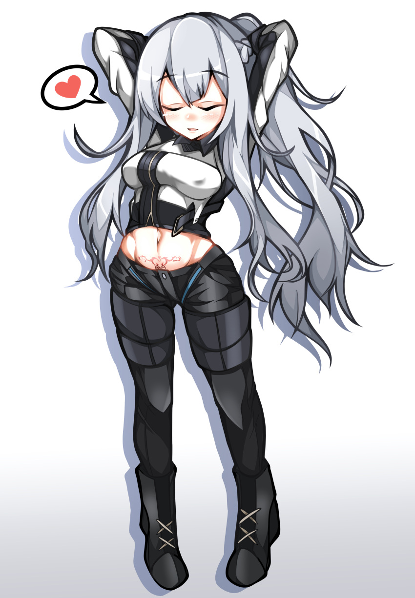 1girl, absurdres, ak-12_(girls_frontline), arms_behind_head, bangs, black_footwear, black_pants, blush