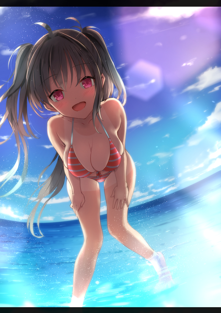 1girl, :d, ahoge, bangs, bare_arms, bare_legs, bare_shoulders, barefoot
