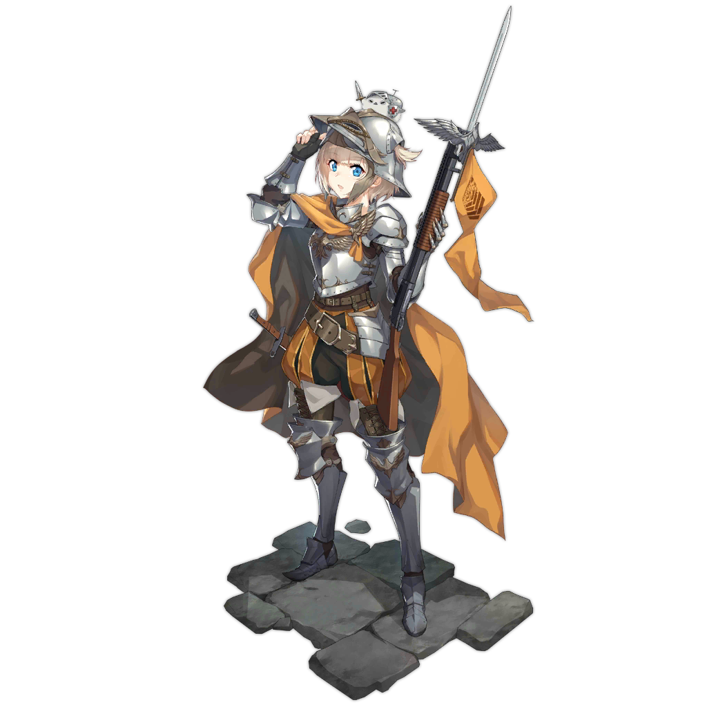 1girl, armor, armored_boots, artist_request, banner, bayonet, bird, blonde_hair