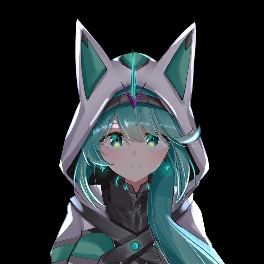 1girl, animal_hood, bangs, black_background, earrings, green_eyes, green_hair, highres