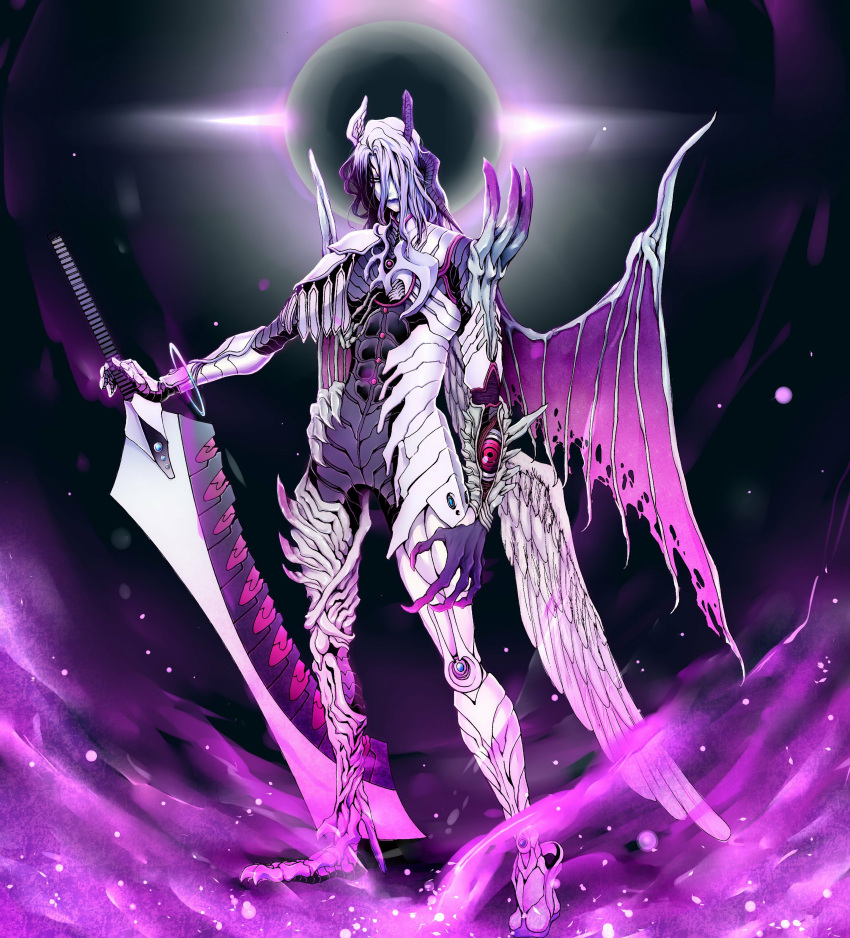 1boy, absurdres, angel_and_devil, angel_wings, armor, aura, black_eyes, black_hair, claws, colored_skin, dark_aura, demon_horns, demon_wings, extra_eyes, feathered_wings, hair_over_one_eye, head_wings, highres, holding, holding_sword, holding_weapon, horns, kageyama_shu, lipstick, makeup, male_focus, medium_hair, multicolored, multicolored_hair, original, pauldrons, purple_lips, purple_lipstick, shoulder_armor, solo, standing, sword, torn, torn_wings, vambraces, violet_eyes, weapon, white_hair, white_skin, wings