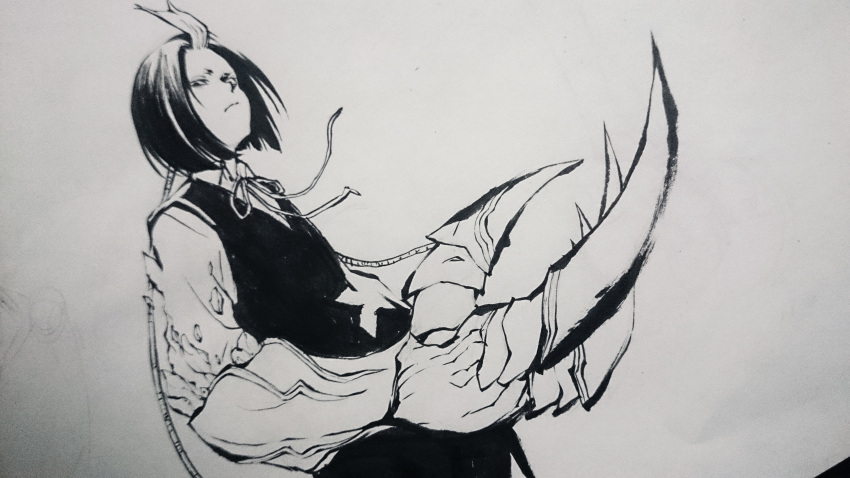 1boy, absurdres, calligraphy_brush_(medium), claws, closed_mouth, greyscale, highres, ink_(medium)