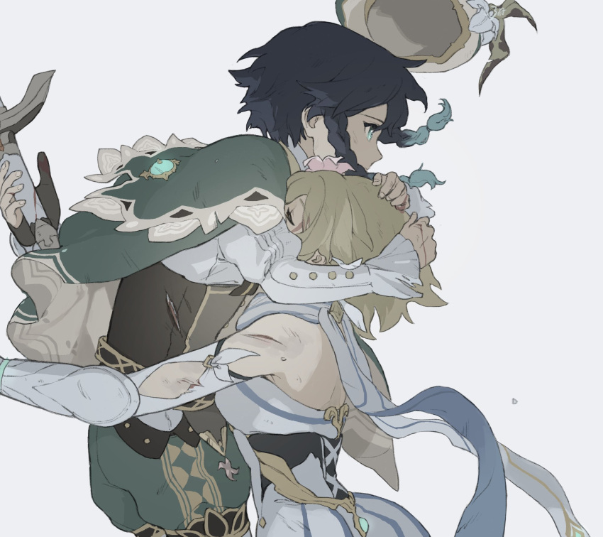 1boy, 1girl, aqua_hair, armor, bare_shoulders, black_gloves, black_hair, bleeding, blood, blood_on_face, bloody_clothes, bloody_hands, capelet, closed_eyes, feathers, fingerless_gloves, fingernails, flower, genshin_impact, gloves, green_capelet, green_eyes, grey_background, hair_flower, hair_ornament, hat, hat_feather, hat_flower, highres, holding, holding_another, injury, instntmssl, lumine_(genshin_impact), multicolored, multicolored_hair, pink_flower, short_hair, signature, simple_background, sword, torn, torn_clothes, vambraces, venti_(genshin_impact), weapon, white_flower