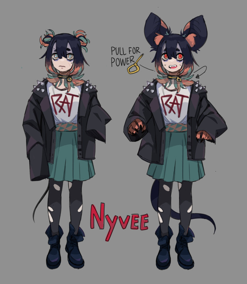 1girl, absurdres, animal_ears, aqua_pupils, aqua_skirt, bat_ears, black_hair, black_nails