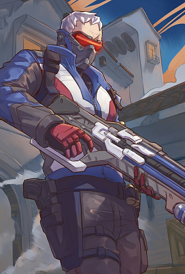 1boy, balcony, black_gloves, blue_jacket, crate, gloves, gun, handgun, holding, holding_gun, holding_weapon, holster, holstered_weapon, jacket, lmj961106, male_focus, mask, outdoors, overwatch, pistol, scar, scar_on_face, smoke, soldier:_76_(overwatch), solo, thigh_strap, visor, weapon, white_hair, window, zipper