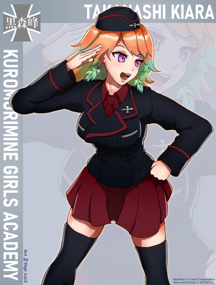 1girl, artist_name, bangs, black_legwear, breasts, crossover, double-breasted, drop_earrings