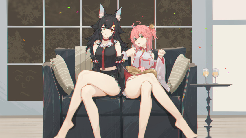 2girls, animal_ears, barefoot, bell, black_hair, breasts, brown_eyes, cauchyconjugacy