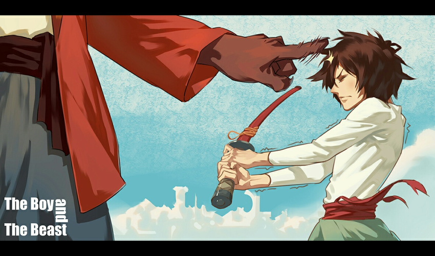 2boys, bakemono_no_ko, black_nails, brown_hair, closed_eyes, closed_mouth, copyright_name, english_text