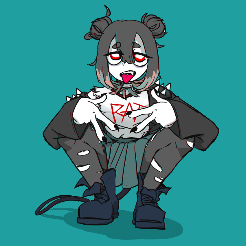 1girl, aqua_background, aqua_skirt, bangs, black_footwear, black_hair, black_jacket, black_nails, blue_footwear, boots, borrowed_character, bright_pupils, chromatic_aberration, clothes_writing, colored_skin, combat_boots, commentary, cross-laced_footwear, double_bun, double_w, english_commentary, eyebrows_visible_through_hair, eyes_visible_through_hair, fangs, fingernails, full_body, hair_between_eyes, highres, jacket, long_sleeves, long_tongue, looking_at_viewer, messy_hair, mouse_girl, mouse_tail, nail_polish, nyvee_(milkytiddyboy), off_shoulder, open_mouth, original, pantyhose, parted_bangs, pleated_skirt, punk, red_eyes, sharp_fingernails, shirt, shirt_tucked_in, short_eyebrows, simple_background, skirt, solo, squatting, studded_jacket, tail, taux, thick_eyebrows, tongue, tongue_out, torn_clothes, torn_legwear, torn_shirt, upper_teeth, w, white_pupils, white_shirt, white_skin, work_in_progress