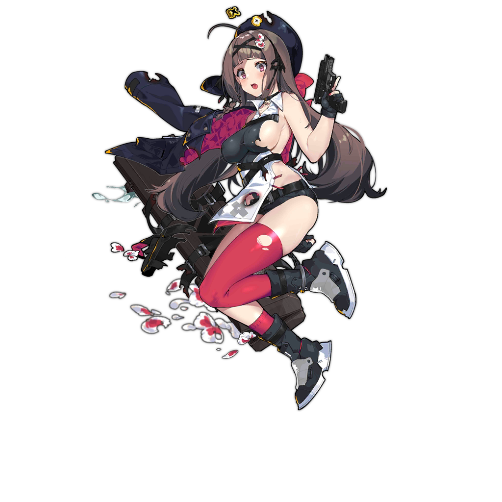 1girl, artist_request, asymmetrical_legwear, bangs, beret, black_gloves, black_jacket, black_shorts, blue_neckwear, blunt_bangs, blush, breasts, brown_hair, damaged, fingerless_gloves, flower, girls_frontline, gloves, gun, hair_flower, hair_ornament, handgun, hat, holding, holding_weapon, jacket, kneehighs, large_breasts, long_hair, official_art, open_mouth, pink_eyes, pink_legwear, rex_zero_1_(girls_frontline), shorts, sideboob, single_kneehigh, single_thighhigh, solo, thigh-highs, torn_clothes, torn_legwear, transparent_background, weapon