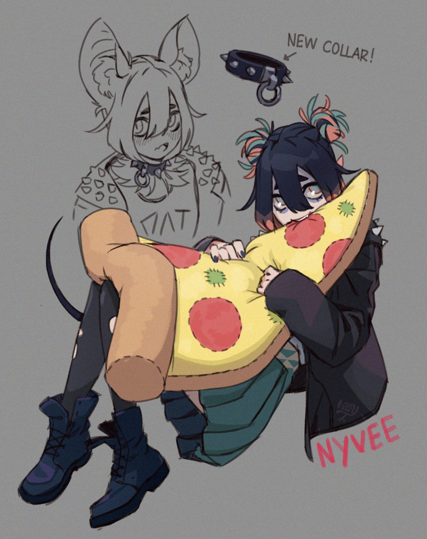 1girl, animal_ears, aqua_hair, aqua_pupils, aqua_skirt, artist_name, bat_ears, biting, black_collar, black_jacket, blue_footwear, blue_hair, blue_nails, blush, boots, character_name, clothes_writing, collar, combat_boots, cropped_torso, english_commentary, fang, film_grain, food, full_body, grey_background, grey_legwear, hair_between_eyes, highres, jacket, knees_together_feet_apart, long_sleeves, looking_at_viewer, milkytiddyboy, mouse_tail, multicolored, multicolored_eyes, multicolored_hair, multiple_views, nail_polish, nose_blush, nyvee_(milkytiddyboy), open_mouth, original, pantyhose, pillow, pink_eyes, pink_hair, pizza, pleated_skirt, pointy_ears, punk, red_eyes, shaded_face, short_eyebrows, sitting, skin_fang, skirt, sleeves_past_wrists, slit_pupils, studded_collar, studded_jacket, stuffed_toy, symbol_commentary, tail, thick_eyebrows, torn_clothes, torn_legwear, upskirt