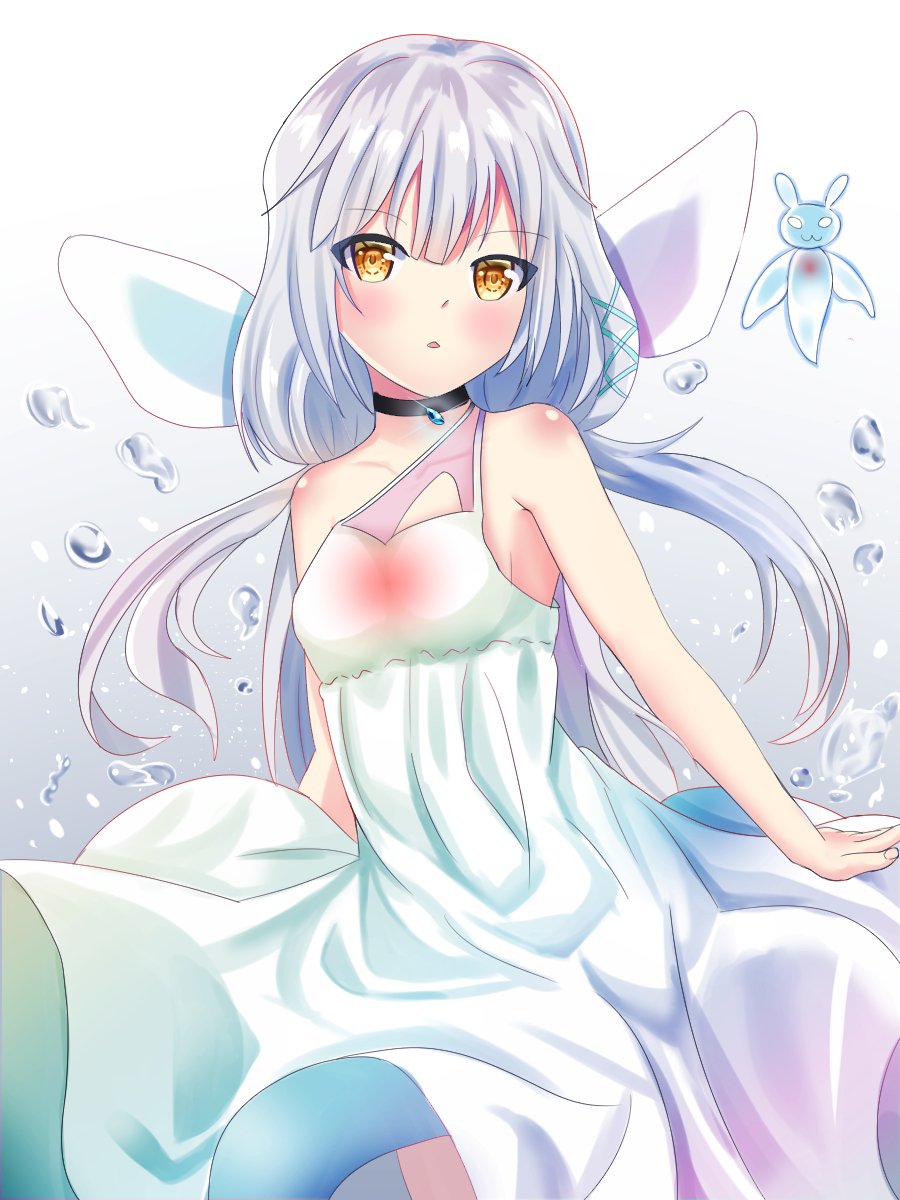 1girl, bangs, bare_arms, bare_shoulders, bestrix, black_choker, choker, commentary, dress, eyebrows_visible_through_hair, hair_ornament, highres, long_hair, looking_at_viewer, qualia_qu, re:act, silver_hair, solo, virtual_youtuber, water_drop, white_dress, yellow_eyes