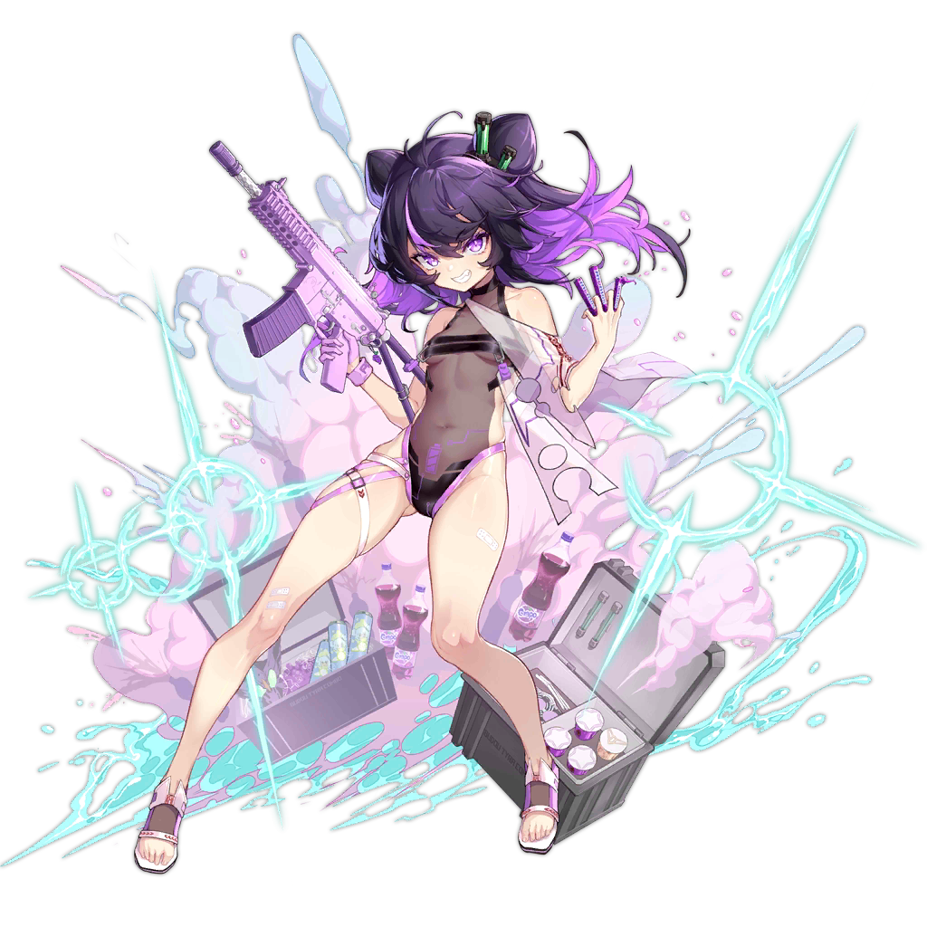 1girl, ass_visible_through_thighs, bandaid, bandaid_on_knee, bandaid_on_leg, bare_legs, breasts, bright_pupils, covered_navel, double_bun, eyebrows_visible_through_hair, fanta, full_body, girls_frontline, grin, gun, hair_between_eyes, kac-pdw, kac-pdw_(girls_frontline), long_hair, multicolored_hair, navel, official_alternate_costume, official_art, one-piece_swimsuit, purple_hair, sandals, see-through, shanyao_jiang_tororo, small_breasts, smile, soda_bottle, solo, streaked_hair, swimsuit, thigh_strap, transparent_background, trigger_discipline, two-tone_hair, under_boob, violet_eyes, weapon, wristband
