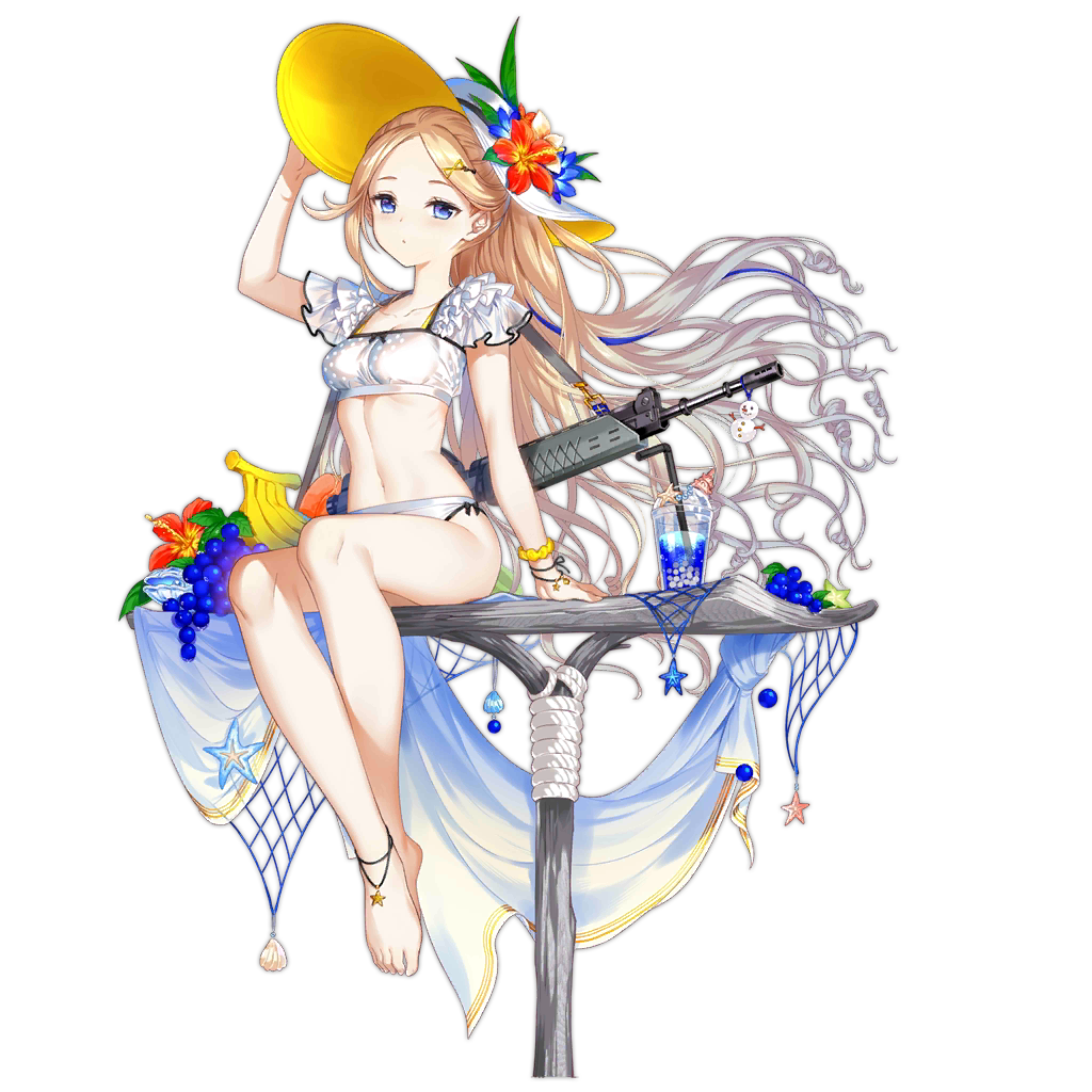 1girl, ak_5, ak_5_(girls_frontline), ankleband, arm_up, assault_rifle, baizu_(guszx), bangs, barefoot, bikini, blonde_hair, breasts, fn_fnc, girls_frontline, gun, hair_ornament, hairclip, hand_on_headwear, hat, long_hair, navel, official_alternate_costume, official_art, parted_bangs, rifle, scrunchie, single_sidelock, sitting, small_breasts, solo, sun_hat, swimsuit, transparent_background, very_long_hair, weapon, white_bikini, wrist_scrunchie, wristband