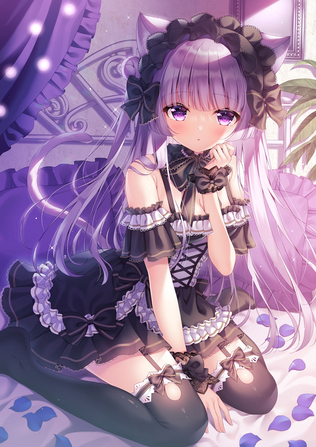 1girl, :o, animal_ears, arm_between_breasts, arm_between_legs, bangs, bare_shoulders, bed