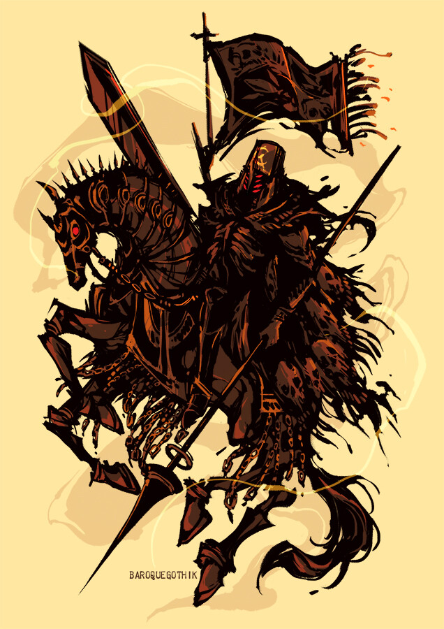 1other, abysmal_knight, armor, artist_name, baroquegothik, black_cape, cape, demon, english_commentary, extra_eyes, flag, flagpole, full_body, helmet, holding, holding_polearm, holding_sword, holding_weapon, horse, horseback_riding, lance, monster, polearm, ragnarok_online, red_eyes, riding, simple_background, sword, weapon, yellow_background