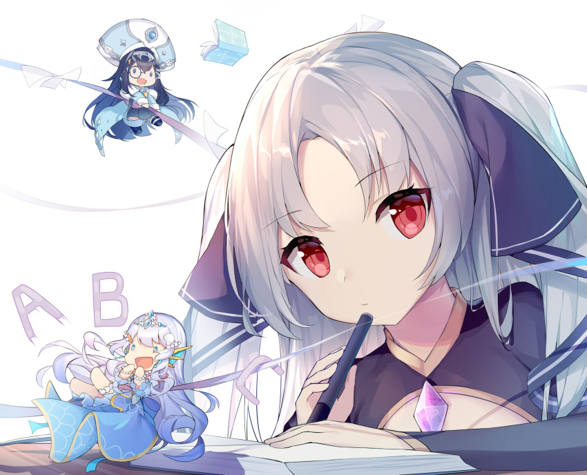 3girls, artia, bangs, book, brooch, chibi, cleavage_cutout, clothing_cutout