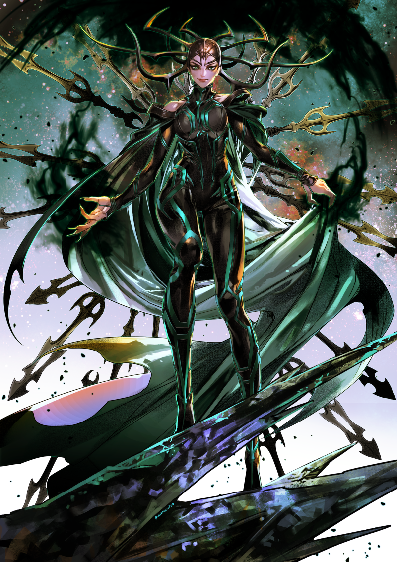 1girl, antlers, bare_shoulders, bodysuit, cape, green_eyes, hela_(marvel), helmet, horns, marvel, oollnoxlloo, outstretched_arms, smoke, solo, thor:_ragnarok
