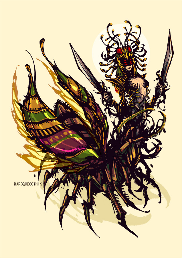 1girl, ant, ant_girl, baroquegothik, breasts, bug, crown, dual_wielding, english_commentary, extra_eyes, full_body, holding, holding_sword, holding_weapon, insect, insect_girl, insect_wings, maya_(ragnarok_online), medium_breasts, monster, monster_girl, pincers, ragnarok_online, red_eyes, simple_background, solo, standing, sword, weapon, wings, yellow_background