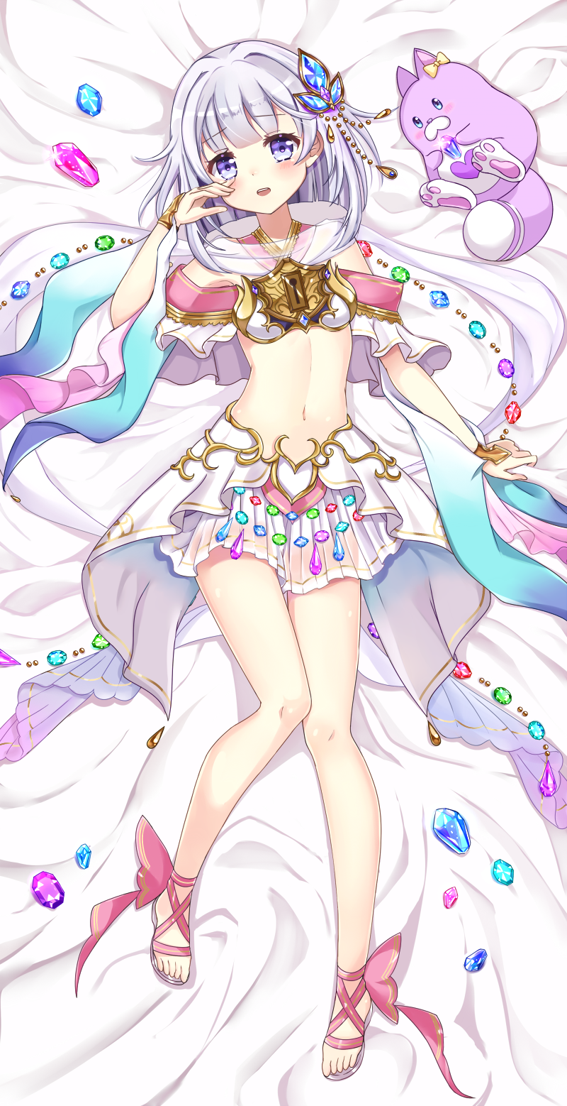 1girl, bangs, bare_legs, bed_sheet, blush, bow, full_body, hair_ornament