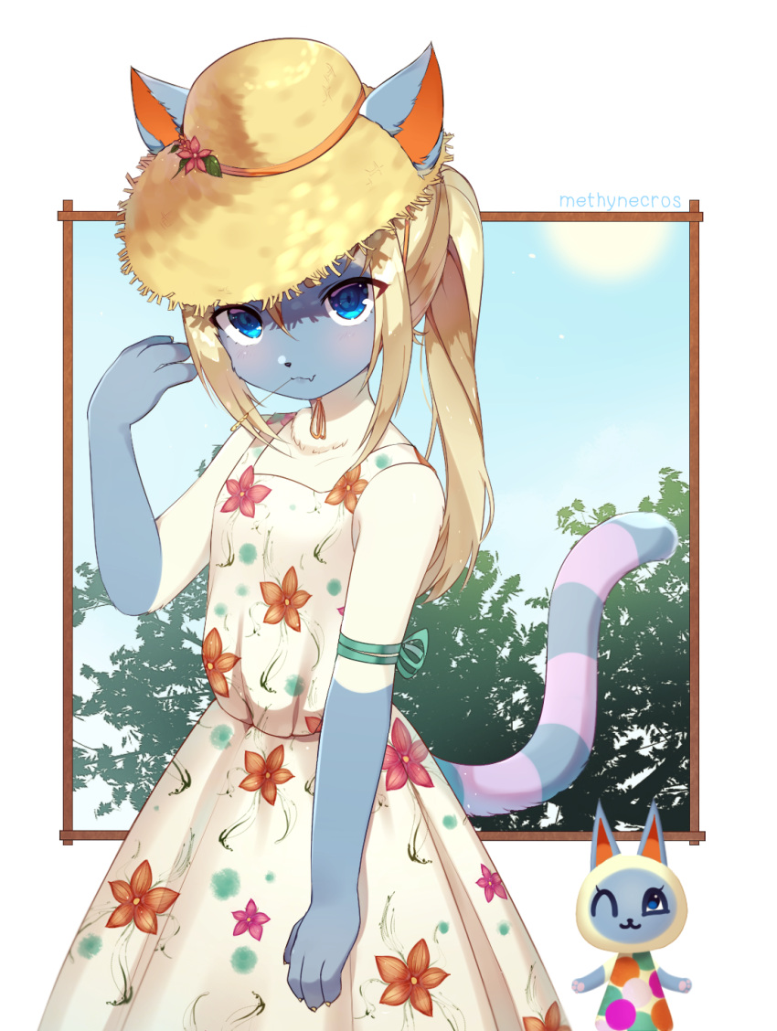 2girls, :3, animal_crossing, animal_ears, arm_ribbon, artist_name, bangs, bare_shoulders