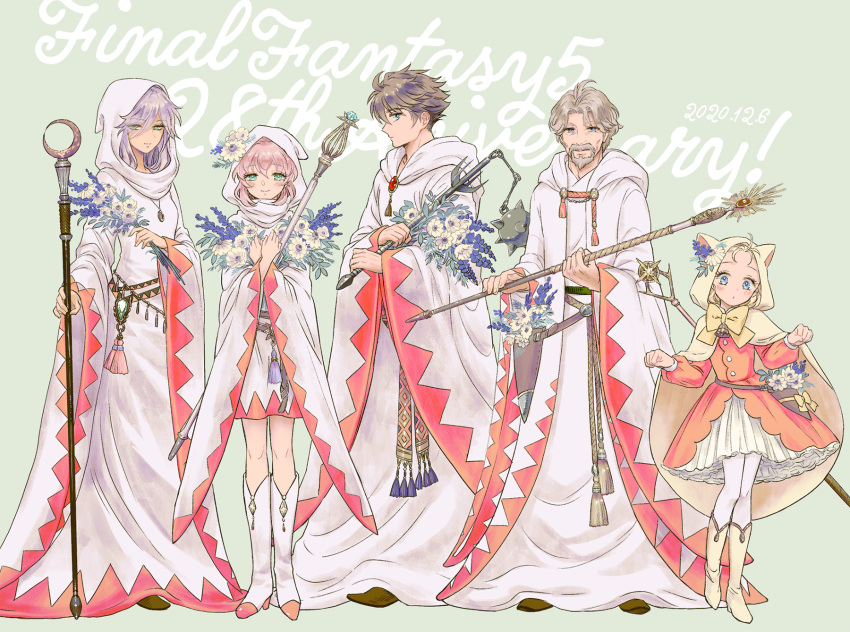 2boys, 3girls, animal_ears, anniversary, blonde_hair, boots, brown_hair, butz_klauser, cat_ears, copyright_name, dated, facial_hair, fake_animal_ears, faris_scherwiz, final_fantasy, final_fantasy_v, flower, galuf_halm_baldesion, grey_hair, hair_flower, hair_ornament, high_heels, highres, holding, holding_weapon, hood, hoodie, krile_mayer_baldesion, lenna_charlotte_tycoon, looking_at_viewer, mace, multiple_boys, multiple_girls, pink_hair, pouch, purple_hair, staff, takatora, weapon, white_hoodie, white_mage, white_robe