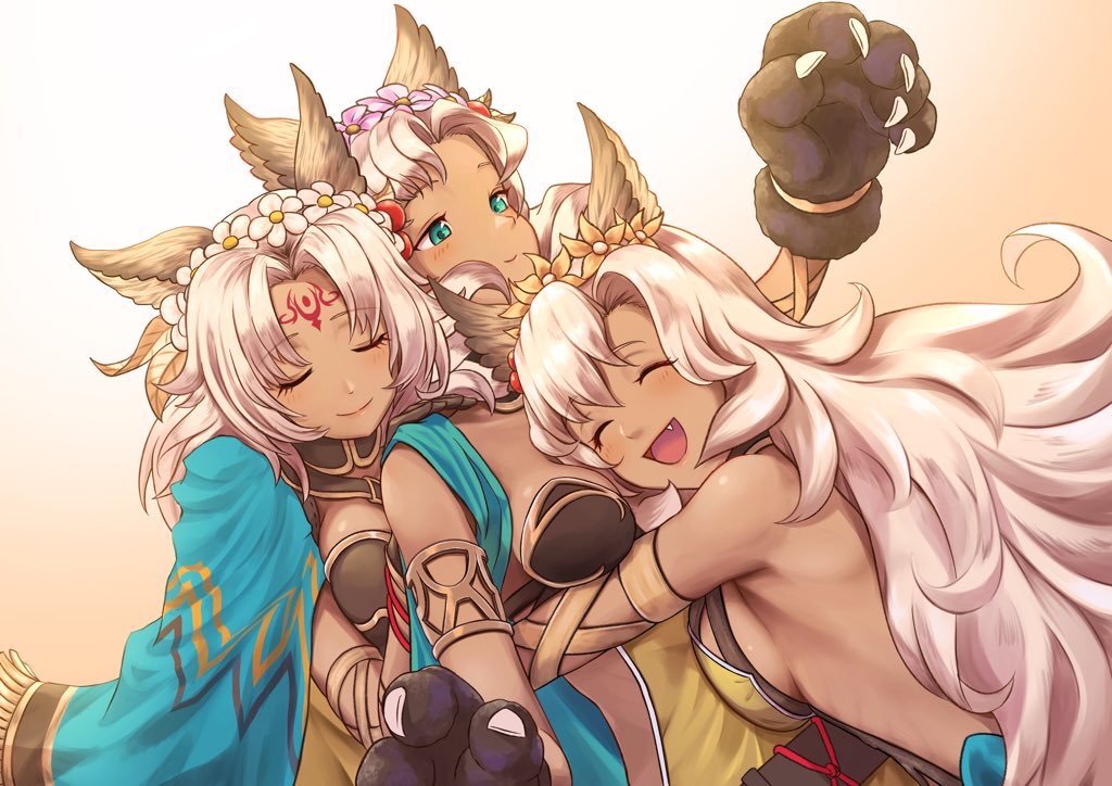 3girls, animal_ears, aqua_eyes, armlet, breast_press, breasts, cape, closed_eyes
