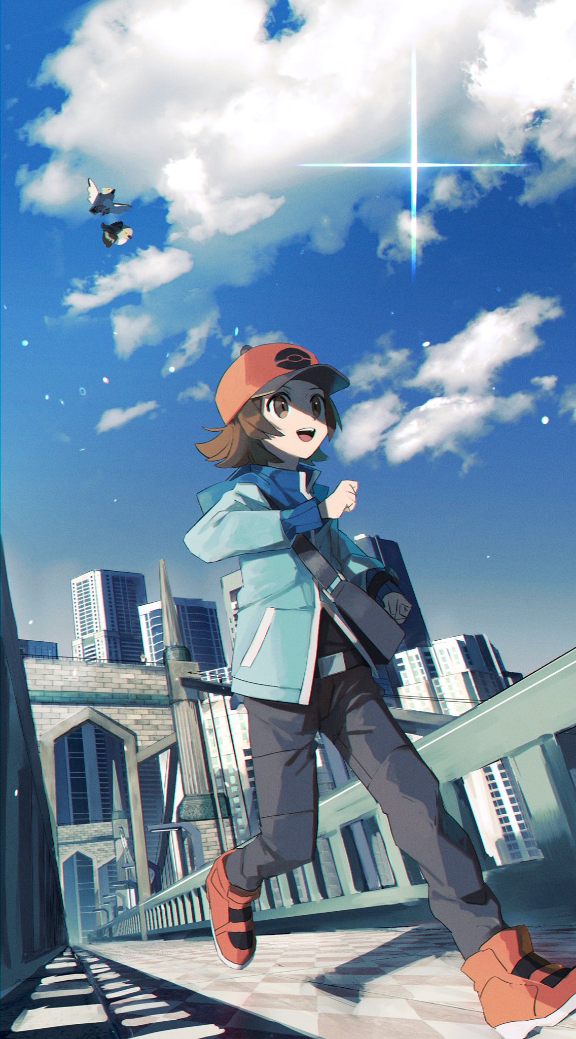 1boy, baseball_cap, belt, blue_jacket, brown_eyes, brown_hair, building, clenched_hands
