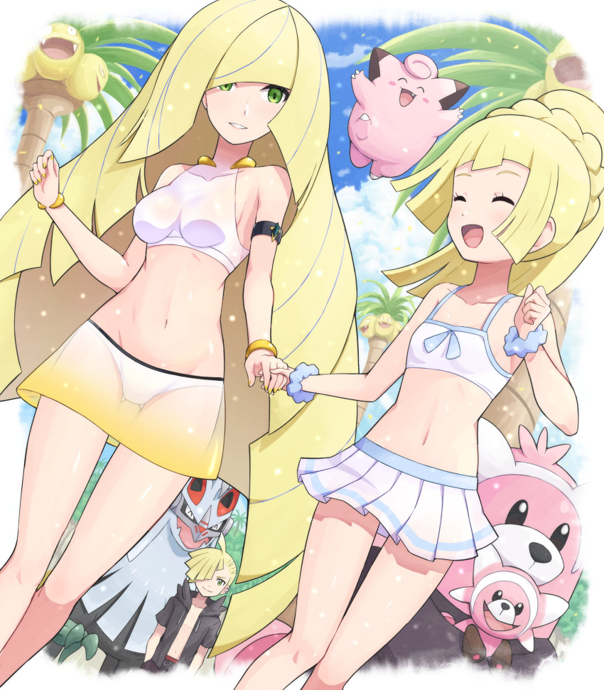1boy, 2girls, absurdres, alolan_exeggutor, alolan_form, alternate_costume, bewear, blonde_hair, bracelet, braid, breasts, clefairy, clenched_hand, closed_eyes, closed_mouth, clouds, collarbone, commentary_request, day, eyelashes, gen_1_pokemon, gen_7_pokemon, gladion_(pokemon), green_eyes, highres, holding_hands, jewelry, knees, legendary_pokemon, lillie_(pokemon), long_hair, lusamine_(pokemon), male_swimwear, multicolored_hair, multiple_girls, nail_polish, navel, open_mouth, outdoors, palm_tree, parted_lips, pokemoa, pokemon, pokemon_(game), pokemon_sm, scrunchie, see-through_skirt, shiny, shiny_skin, short_sleeves, silvally, skirt, sky, smile, standing, streaked_hair, stufful, swim_trunks, swimwear, tongue, tree, wrist_scrunchie, yellow_nails, |d